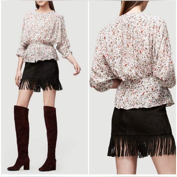 FRAME Silk Floral Print Ivory Red Green Draped Dolman Sleeve Top - S - Picture 1 of 16